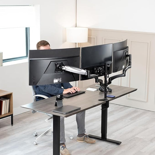VIVO Triple Pneumatic Monitor Mount for 3 Screens up to 32 inches, Fully Adjustable, Heavy Duty Desk Stand with C-Clamp Grommet, Black, STAND-V300G