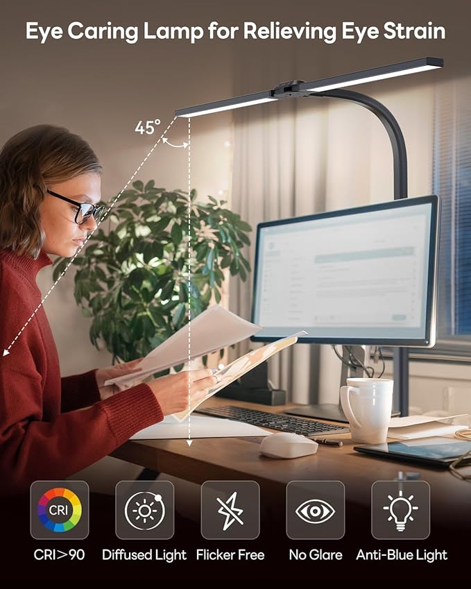 LED Desk Lamp for Home Office, Eye-Caring Desk Light with Clamp, Stepless Dimming 24W Double Head Architect Task Lamp with Remote Control, Flexible Gooseneck, for Working, Studying, Reading, Drafting