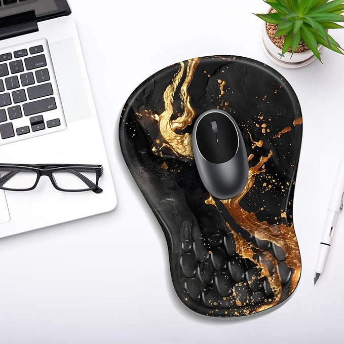 Ergonomic Mouse Pad with Wrist Rest Support, Mousepad with Comfortable Memory Foam Wrist Rest and Non-Slip PU Base for Pain Relief, Computer, Laptop, Office, Home (Gold)