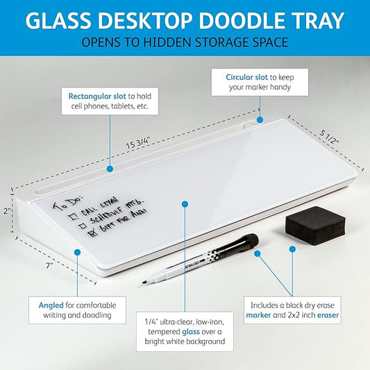 Glassboard Studio Glass Dry Erase Doodle Tray for Desktop Office Supply Storage - Marker and Eraser Included (8 Markers, White)