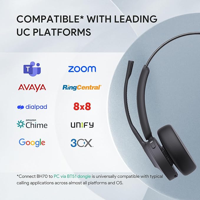 Yealink BH70 UC (NO Dongle) Wireless Bluetooth Headset with Microphone for Work, 35h Talking Battery Life, 3-Mic Noise Cancellation Headsets for Computer, 91g Lightweight Headphone for Open Office