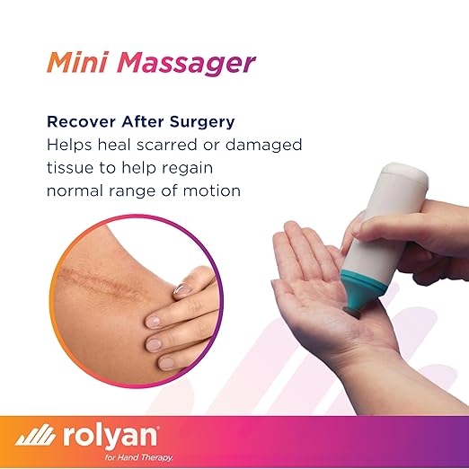 Rolyan Mini Massager with Battery, Handheld Compact Massager with Interchangeable Heads Reduces Scar Visibility, Quiet Vibration, Ergonomic Grip, Portable for On-the-Go Use, Battery Operated