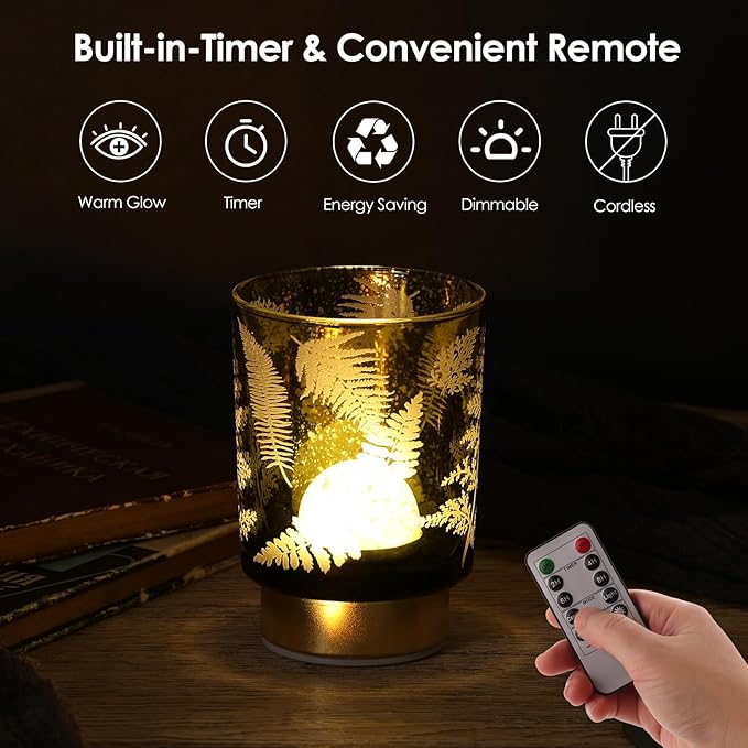 Eywamage Small Battery Operated Glass Table Lamp, Boho Green Ferns Mood Light with Remote, Cordless Bedside Accent Lamp Room Decor