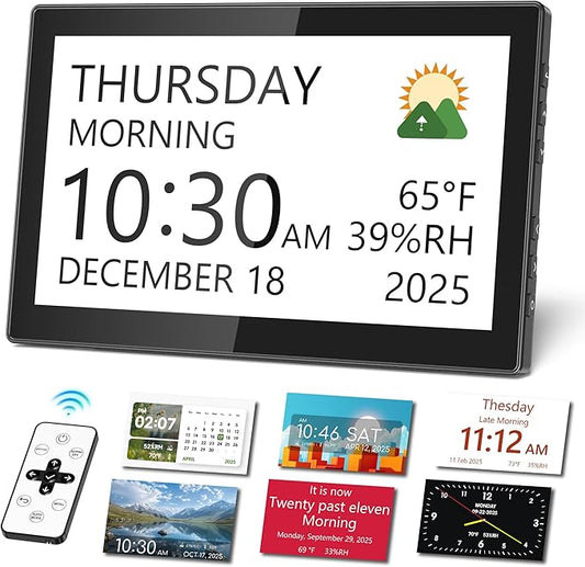 10.1" Large Digital Clock with Date and Day for Elderly, Remote Control Digital Calendar with 12 Themes, Auto Dimming, 23 Customizable Schedules, AutoDST, Indoor Temperature & Humidity, Wall Mounted