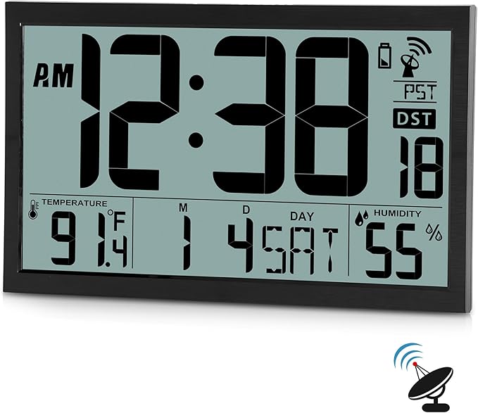 SZELAM Atomic Clock,16.7" Large Display Digital Wall Clock Battery Operated,Digital Calendar Auto Setting Desk Clocks with Indoor Temperature, Humidity,Date,Day,Auto DST for Elderly Bedroom Classroom