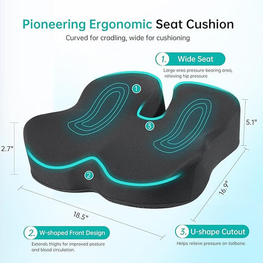 Extra Large Memory Foam Seat Cushion - Relieves Hip, Coccyx and Sciatica Pain - Ergonomic Support for Long Hours in Office Chairs, Cars, Wheelchairs (Black)