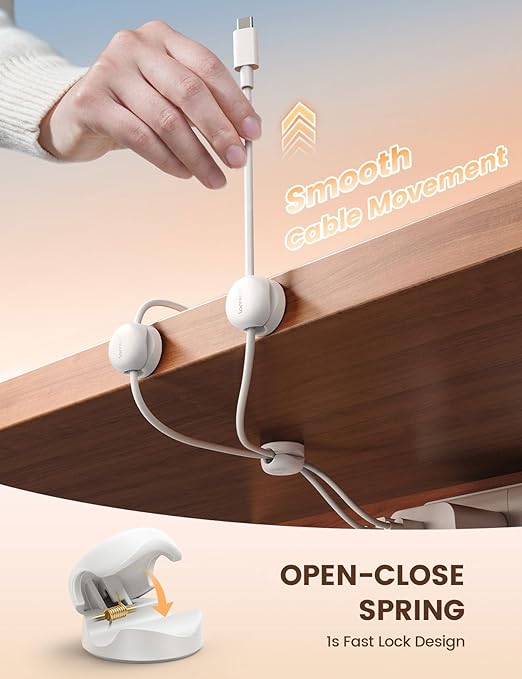 Lamicall Cord Organizer, Spring Cable Management Clips - 6Pack Compact Desk Cable Holder Clips, Nightstand Phone Charging Cord Holder, 8mm Slot Adhesive Wire Organizer, Office Accessory, White