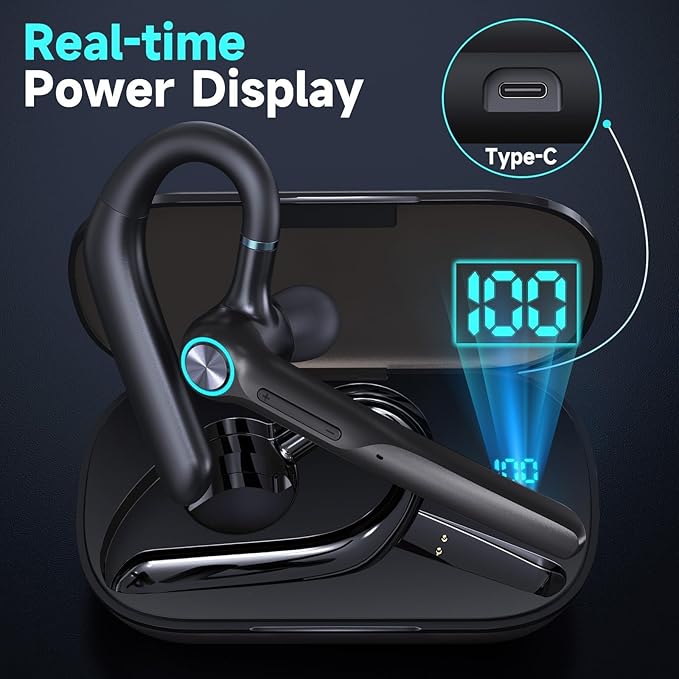 Bluetooth Headset Wireless Earpiece 60Hrs Playback Built-in Dual Mic Noise Canceling Wireless Headset Earphone with 400mAh LED Charging Case for Business Office Trucker (Black)