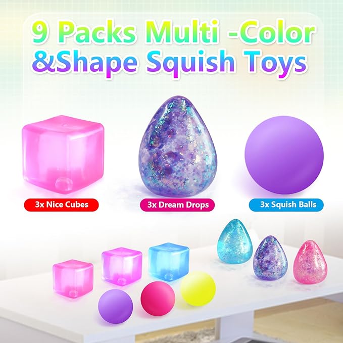 Fidget Toy Stress Cube Squishy Fidget Toys for Relaxation, High Density Gel Filled Include Squishy(3 Stress Cube ,3 Stress Balls,3 Water Drop) Stress Relief Toy,Squeeze Toys, Party Favors