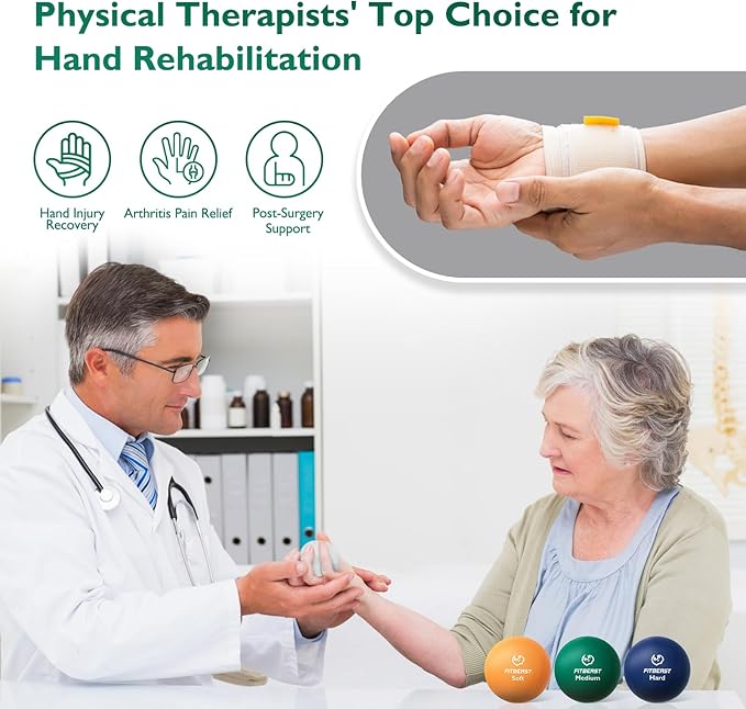 FitBeast Stress Balls for Adults, 6-Pack Hand Therapy Balls, Soft, Medium, Hard Tri-Density, Green, Orange, Blue