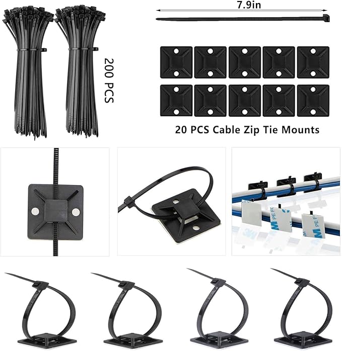 ELII 302PCS Cable Management Kit 4 Cable Sleeve,45Cable Clips,11Cable Holders,22 Roll Cable Organizer Straps and 200 Fastening Cable Ties,20 Cable Zip Tie Mounts Computer Under Desk (Black)