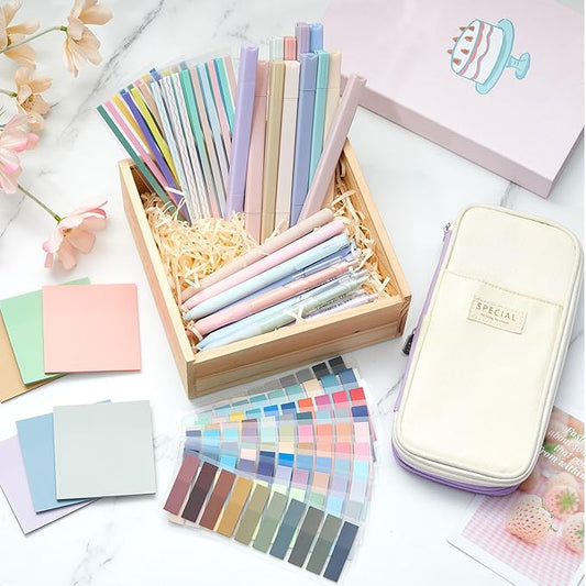 135 Pcs Book Annotation Kit Aesthetic Pencil Case Bag with 12 Highlighter 11 Gel Pen 1 Marker 300 Sheets Transparent Sticky Notes Pads 2640 Index Tabs Bible Study Supplies for School Gift(Purple)