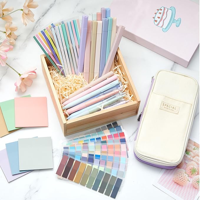 135 Pcs Book Annotation Kit Aesthetic Pencil Case Bag with 12 Highlighter 11 Gel Pen 1 Marker 300 Sheets Transparent Sticky Notes Pads 2640 Index Tabs Bible Study Supplies for School Gift(Purple)