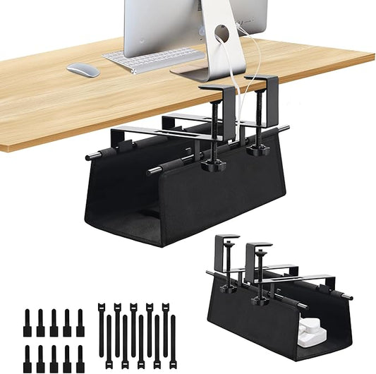 Under Desk Cable Management Tray, Clamp-On Cord Organizer,No Drilling Required, Holds Up to 22 lbs, for Cords, Routers, Power Strips (Black, 28.4inch)