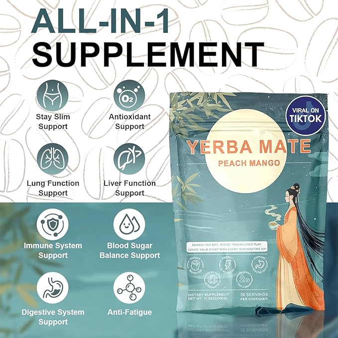 Yerba Mate Instant Tea Powder, 3-in-1 Super Drink - Clean Energy, Brain Fog Buster | Pure Natural Extract, Focus and Gut Health Support, Yerba Mate Peach Mango 0.72 lb