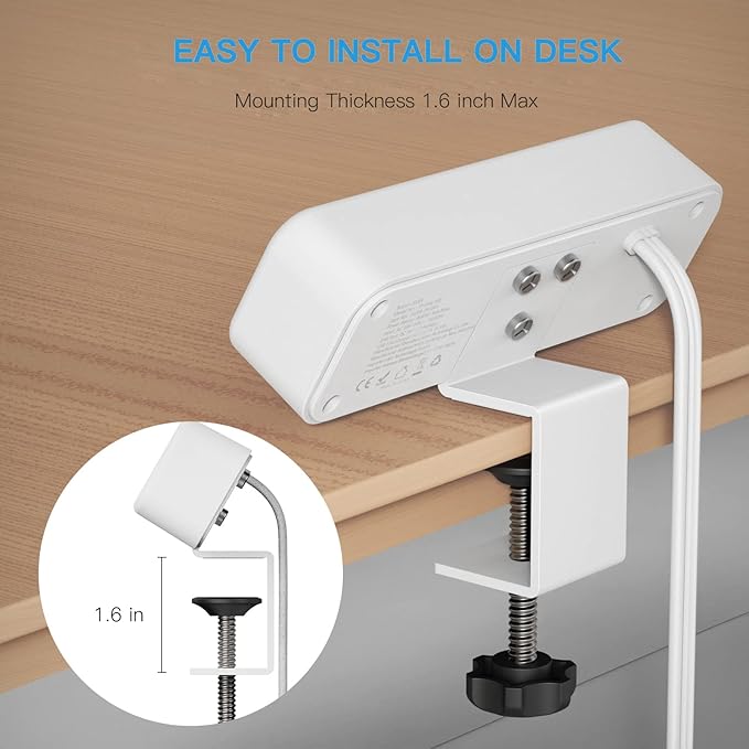 3 Outlet Desk Clamp Power Strip with USB C, White Flat Plug Desktop Edge Power Strip, Desk Mount Clamp Socket Connect 6.5 ft Thin Extension Cord for 1.6 inch Tables.