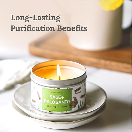 MAGNIFICENT 101 Sage & Palo Santo Aromatherapy Candle - 6 Oz White Soy Wax - 35-Hour Burn & Energy Cleansing - Manifestation & Meditation Accessories - Spiritual Decor & Gifts for Women