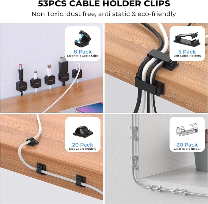 98 PCS Cable Management Kit, 4 Cable Sleeve, 8 Magnetic Cable Holder, 10 Self Adhesive Cord Organizer, 45 Cable Clips, 10+1 Roll Reusable Cable Ties with 20 Buckles for Computer TV Under Desk