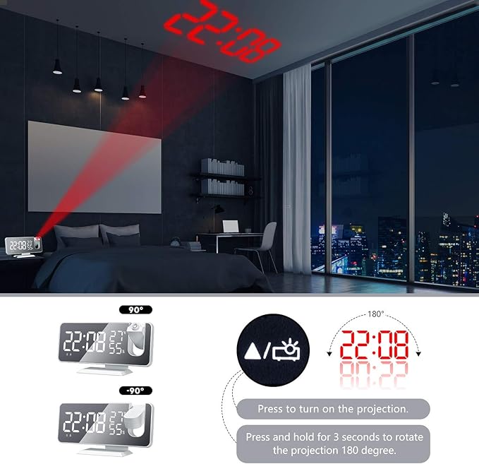 Projection Alarm Clock for Bedroom, Digital Alarm Clock with USB Charger, 7.4" Large LED Mirror Display Radio Alarm Clock, Dual Smart Alarm with Projection on Ceiling, White