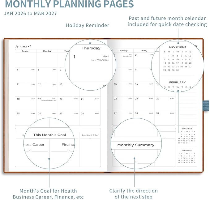 AHGXG 2026 Planner, Weekly and Monthly Planner 2026-2027, Large A4 8.5"x11", Calendar 15-Months Jan 2026 - Mar 2027, Vegan Leather SoftCover, Inner Pocket, Gray Blue
