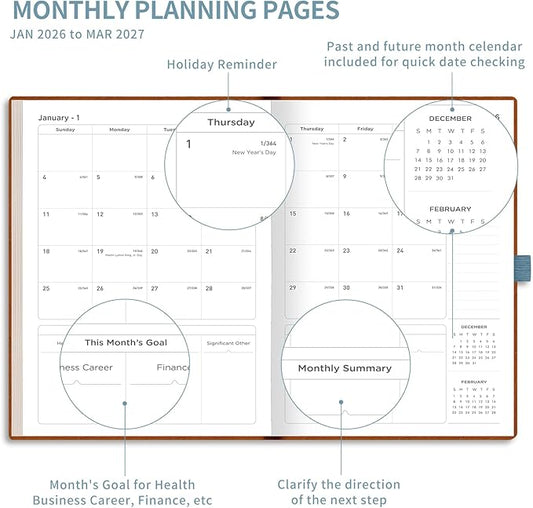 AHGXG 2026 Planner, Weekly and Monthly Planner 2026-2027, Large A4 8.5"x11", Calendar 15-Months Jan 2026 - Mar 2027, Vegan Leather SoftCover, Inner Pocket, Gray Blue