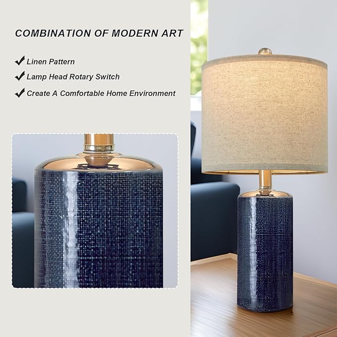 20.25/inch Modern Ceramic Table lamp Set of 2 Small Farmhouse Bedside lamp Dark Blue Nightstand Lamp End Table Lamps for Living Room Bedroom Study Office AMZ-T1109BL0