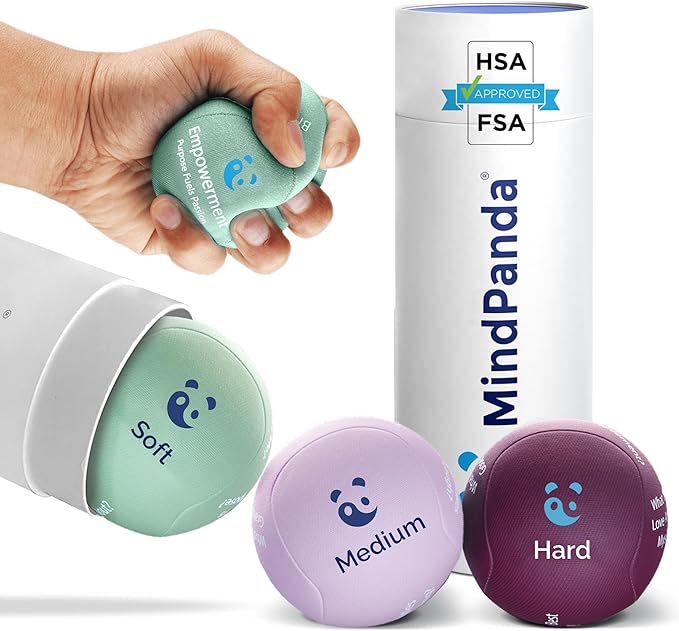 Mind & Body Stress Balls for Adults - Triple Density Squeeze Balls for Hand Therapy & Grip Strengthening - Stress & Anxiety Relief - Physical Therapy Support - Soft, Medium, Hard Gel Core