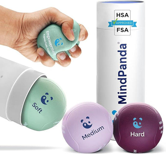 Mind & Body Stress Balls for Adults - Triple Density Squeeze Balls for Hand Therapy & Grip Strengthening - Stress & Anxiety Relief - Physical Therapy Support - Soft, Medium, Hard Gel Core