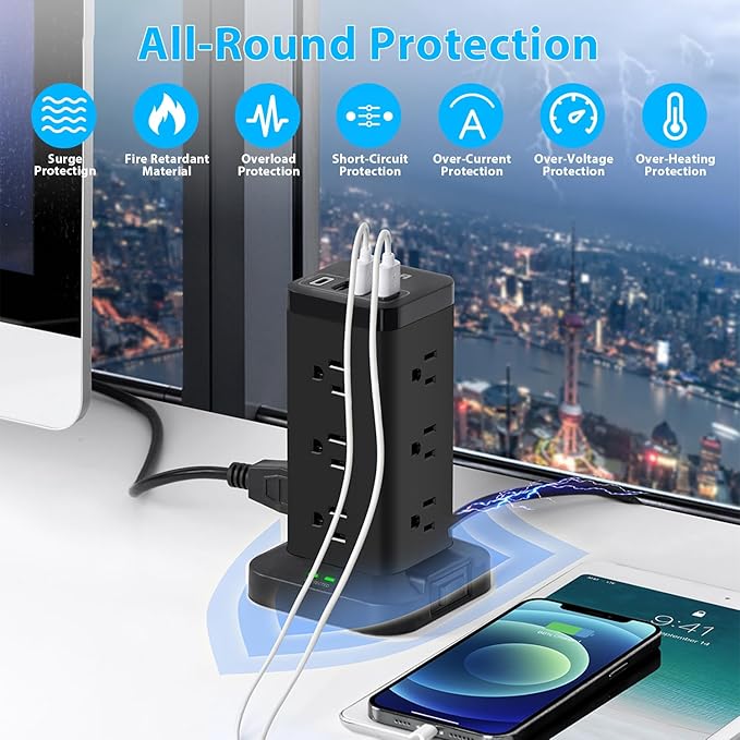 BEVA Power Strip Tower with USB Ports, Surge Protector with USB Ports, 12 AC and 4 USB Ports, 10 FT Extension Cord with Power Surge Tower, Office Supplies Office Organization Dorm Room Essentials
