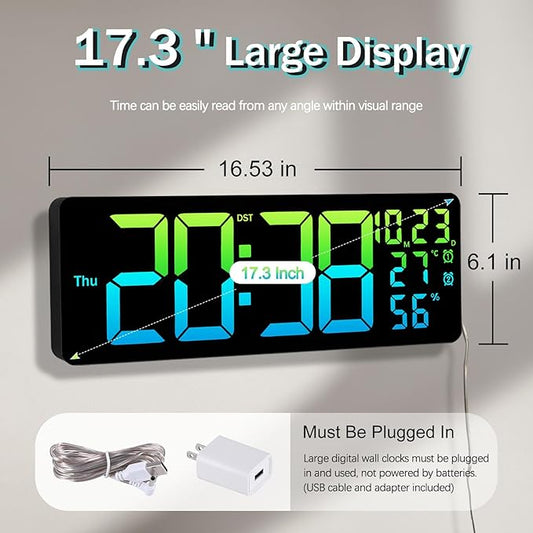 JoFomp 17.3" Large Digital Wall Clock, LED Digital Clock Large Display with Remote Control, Alarm Clock with Temp/DST/Dimmer/Humidity/Timer/Ambient Light - 12/24H, Alarm Wall Clock for Bedroom