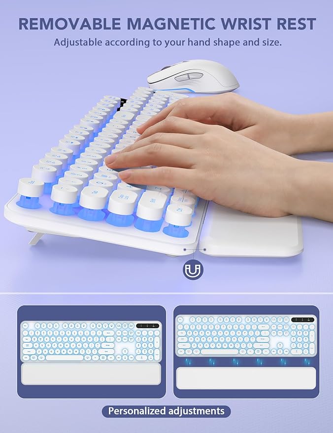 Wireless Keyboard and Mouse Backlit - Typewriter Keyboard with Retro Round Keycaps, Detachable Wrist Rest, Light Up Letters, 2.4G Rechargeable Combo for Mac, Windows, PC, Laptop, Trueque (White)