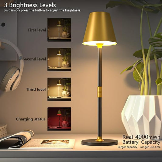 Modern LED CordlessTable Lamp,4000mAh Rechargeable Battery Desk lamp,3 Level Brightness Kitchen Light, Portable,Minimalist Design, for Couple Dinner/Coffee Table/Restaurant/Bedroom(Gold&Black 2pack)