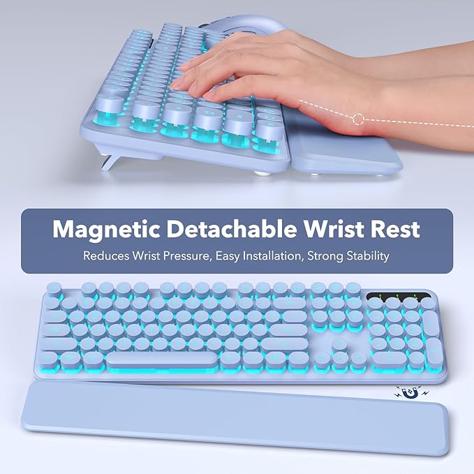 Wireless Keyboard and Mouse Combo, Backlit Round Keycaps, Retro Typewriter Keyboard with Detachable Wrist Rest, Rechargeable & Tilt Legs, 2.4GHz Cordless Connection for Mac/Windows/PC (Glowing Purple)