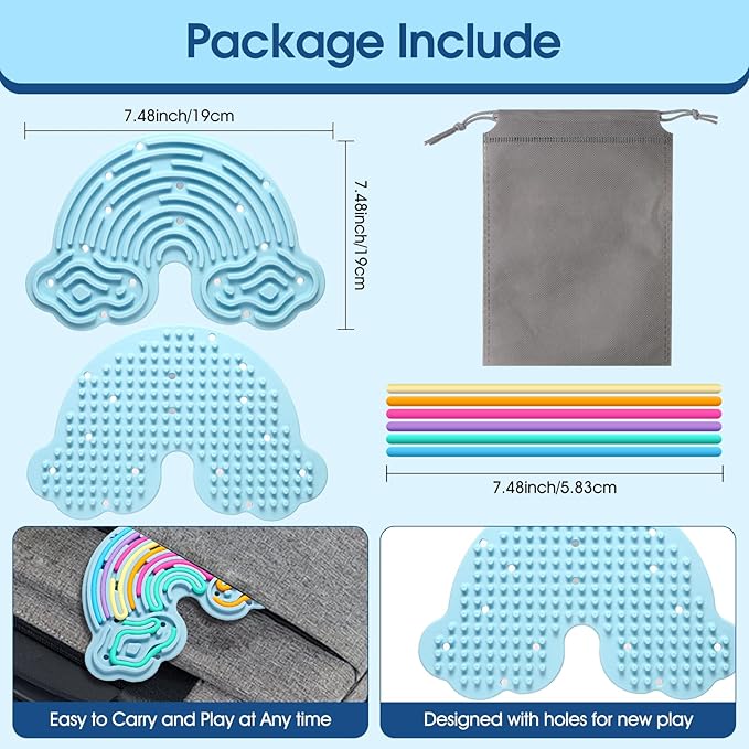 Sensory Activity Board Silicone Fidget Toy, Double-Sided Rainbow Sensory Toys for Autism, Stress, Anxiety, ADHD, Kids 3+& Adults, Includes Travel Bag & 12 Strings, Blue