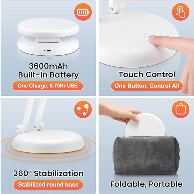 One Fire Cordless Desk Lamp for College Dorm Room,Dimmable Battery Powered Lights,3600mAh Rechargeable Wireless Table Lamp,Small Mini Lamp&Portable Classroom Light for Dorm,Bed,Reading,Home,Nail,Craft