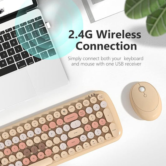 Wireless Keyboard and Mouse Combo, MOWUX - Modern Compact Layout, Colorful Compact Candy Mouse and Retro Round Keyboard Set with Cover, for PC/Laptop/Windows/Mac - Milk-Tea Colorful