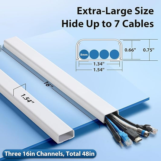 Cord Hider Wall 48in (3X L16in), X-Large Cable Management Kit for 4-7 Wires, Self-Adhesive Cord Organizer, TV Wire Cover Hide Cords Wall Mounted TV, Cable Raceway White, W1.5in H0.8in