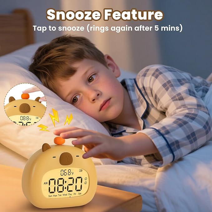 Capybara Alarm Clock with Night Light for Kids – Cute Digital Sleep Trainer with LED Display, 3 Alarms, Countdown Timer, Adjustable Brightness – Rechargeable Bedside Clock for Boys and Girls