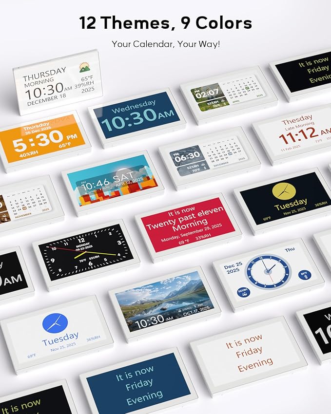 10.1" Digital Clock with Date and Day for Elderly, Digital Calendar with 12 Themes & 9 Colors, AutoDST, 23 Preset Schedules & Customizable, Auto Dimming, Indoor Temperature, Humidity, Easy to Use