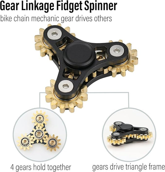 FREELOVE Gear Metal Fidget Spinner Toys for Adults, Small Mini Tiny Pockget Figette, Bike Chain, Copper Brass Hands Gyro, Quiet Silent Cool Cube for Anxiety Men (4 Gears Linkage, Black-Brass)