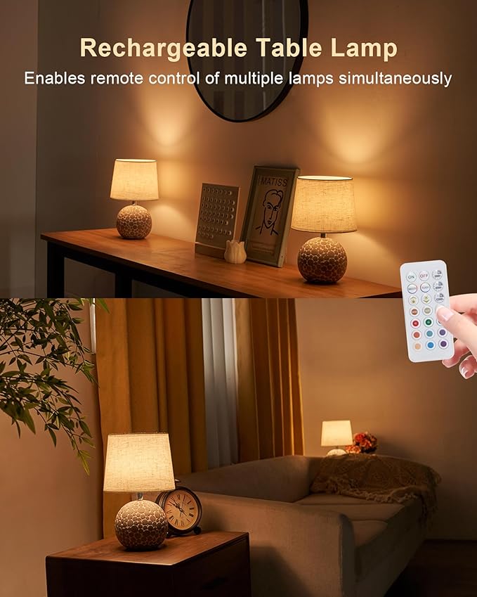 UMEXUS Ceramic Cordless Table Lamp with Timer & Remote - 11.42" Small Rechargeable Battery Operated Lamp with Linen Shade & RGB Dimmable Light for Restaurant Dining Living Bedroom Kitchen Patio Side