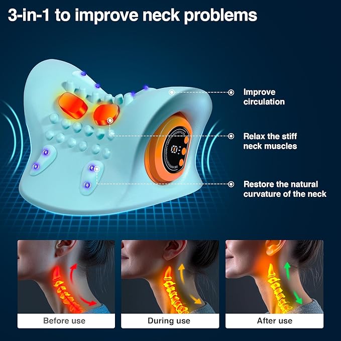 Neck Massager 2025, Occipital Release Tool for Neck with Heat, 3 Modes, Portable Massage Neck Pillow for Pain Relief and Muscle Relax, 26° Angle Cervical Traction Device
