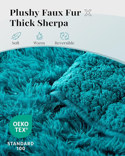 Topblan Fuzzy Sherpa Faux Fur Weighted Blanket 15lbs, Ultra Soft Reversible Plush Blanket with Luxury Long Fur and Shaggy Sherpa, Thick Heavy Blanket for Sleeping 60x80 inches Teal Green