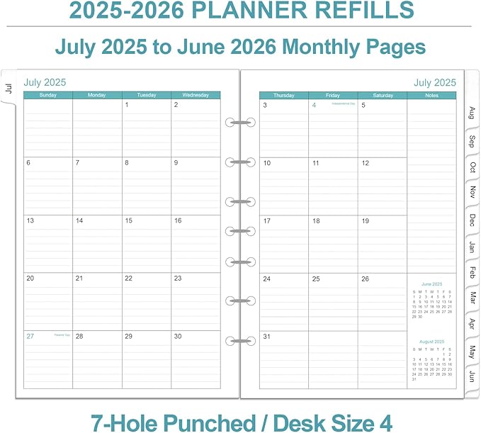 2025-2026 Planner Refills - One Page Per Day Daily & Monthly Planner, July 2025-June 2026, Prioritized, To-Do List, Notes, Appointment Schedule, 7-Hole Punched, Desk Size 4, 5.8" x 8.3"