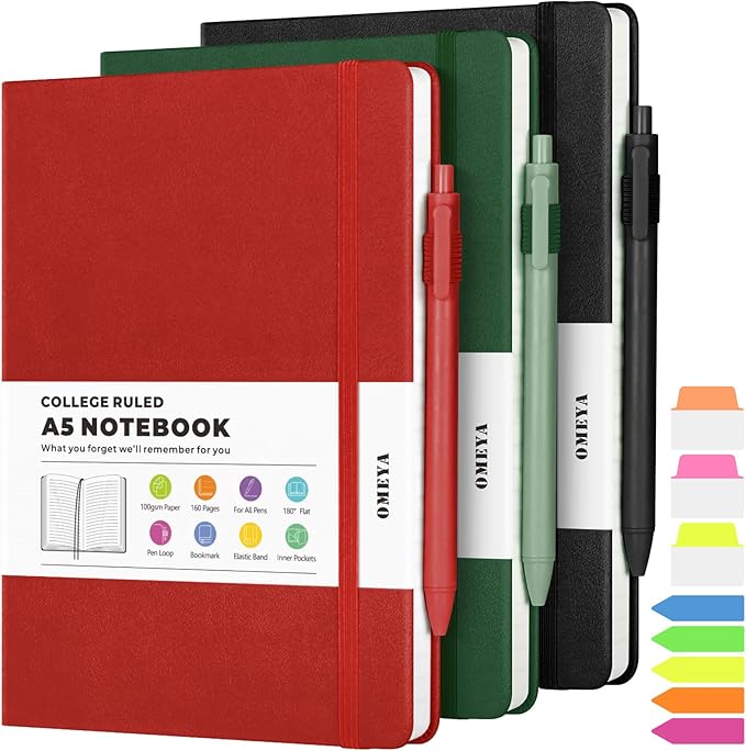 Lined Journal Notebook, 3 Pack A5 College Ruled Notebooks for Work, Hardcover Notebook Each with 2 Pockets & Pen, Leather Journal for Women, Men, 160 Pages, 100GSM Thick Paper (Green, Red, Black)