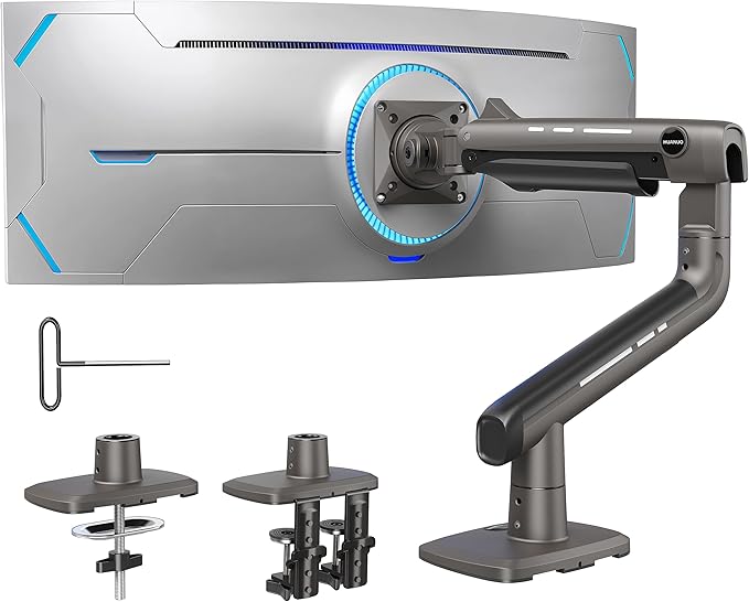 HUANUO Heavy Duty Monitor Arm for Ultrawide Screens up to 49", Holds 40 lbs,Aluminum Ultrawide Screen Desk Mount,Fully Adjustable Single Monitor Mount with C-clamp, Grommet Base, Max VESA 100x100