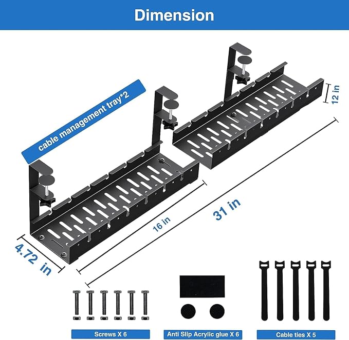 No Drilling Extendable Under Desk Cable Management, Metal Cable Management Tray Under Desk with Clamp, Retractable Power Strip Cord Holder for Wire Management 31Inch (2 Pack Extendable 31')