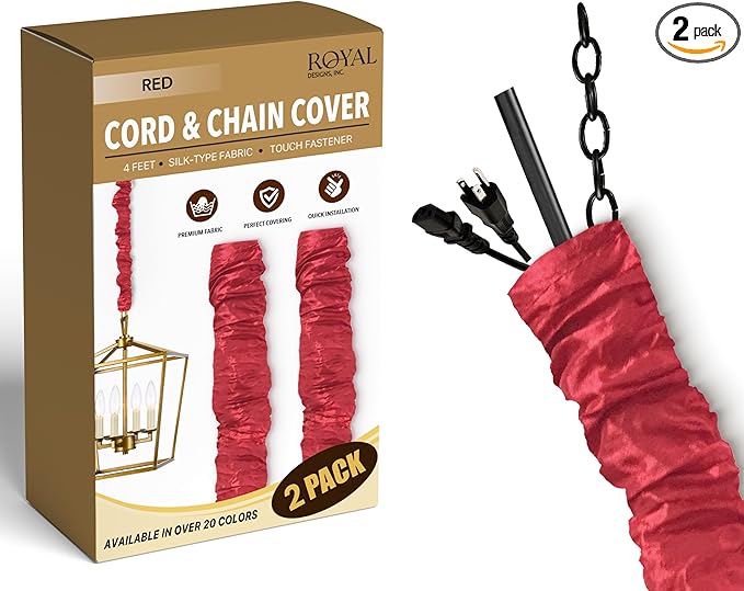 Royal Designs, Inc. Cord & Chain Cover 4 ft Silk Type Fabric, Chandelier Pendant Lighting Chain & Cable Management, Touch Fastener, Red - 2 Pack