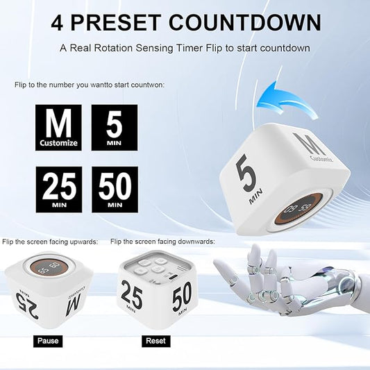 Rotating Cube Visual Timer 5, 25, 10, 50 Min Preset + Custom Countdown, Rechargeable Desk Productivity Flip Timer w/Silicone Case, Silent Mode, Ideal for ADHD Tool Study Work School (White)