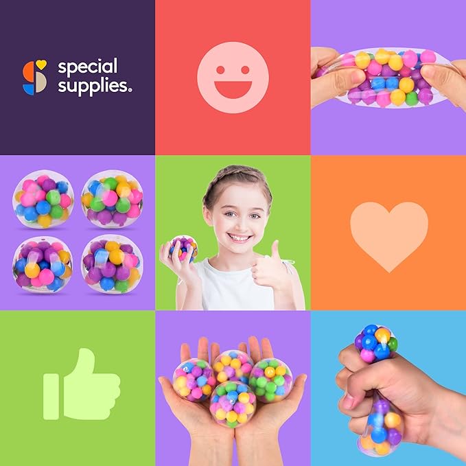 Squishy Stress Ball Squeeze, Color Sensory Toy, Relieve Tension, Anxiety, Home, Travel and Office Use, Fun for Kids and Adults (4-Pack)